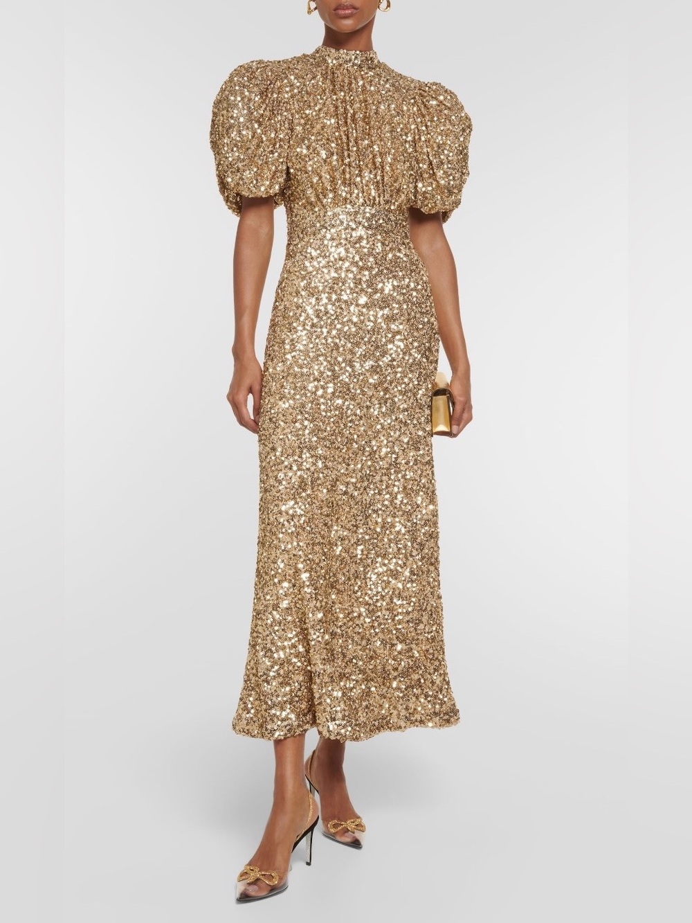 ROTATE Puff-Sleeve Gold Sequin Evening Dress, UK 14